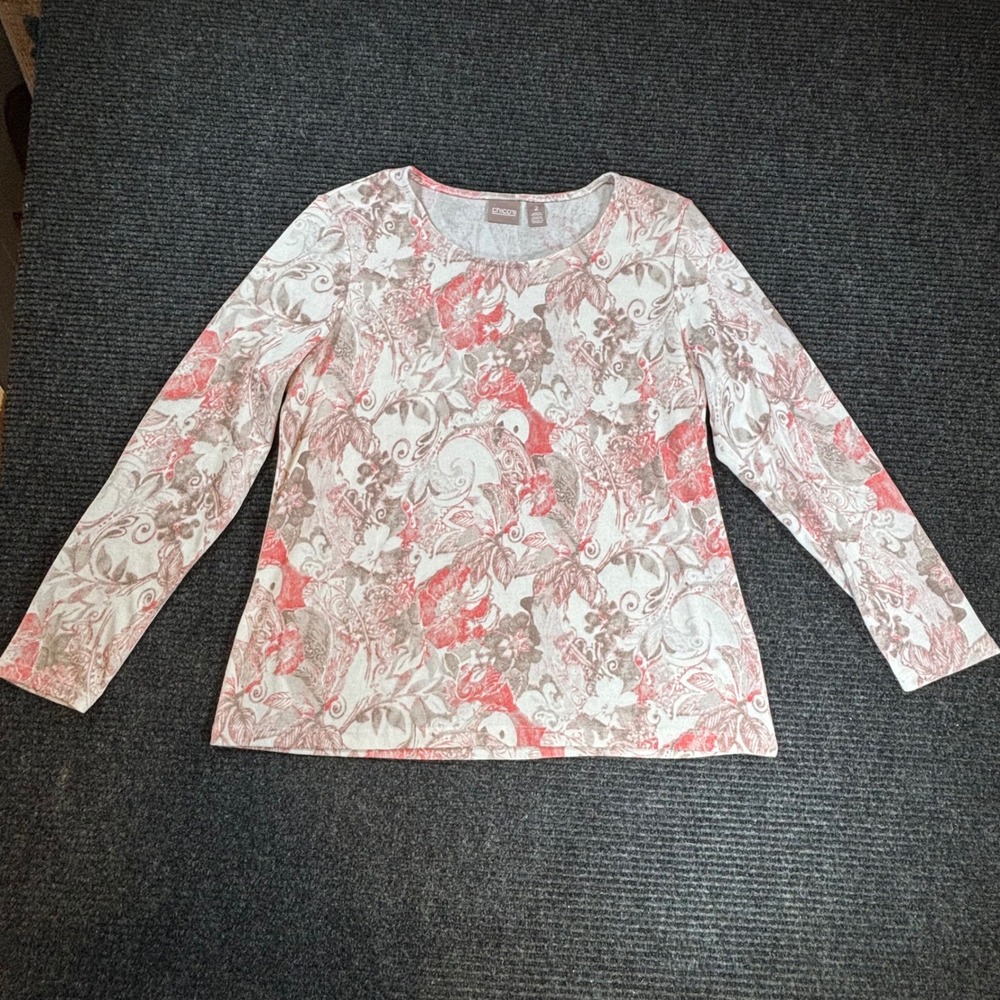 Chicos Womens Size 2 Coral Tan Paisley Floral Long Sleeve Knit Top Crew Neck‎